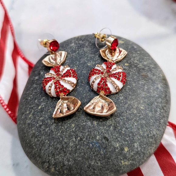 HOLIDAY Red White Sparkle Peppermint Dangle Post Earrings Christmas Gift NEW - Picture 5 of 6